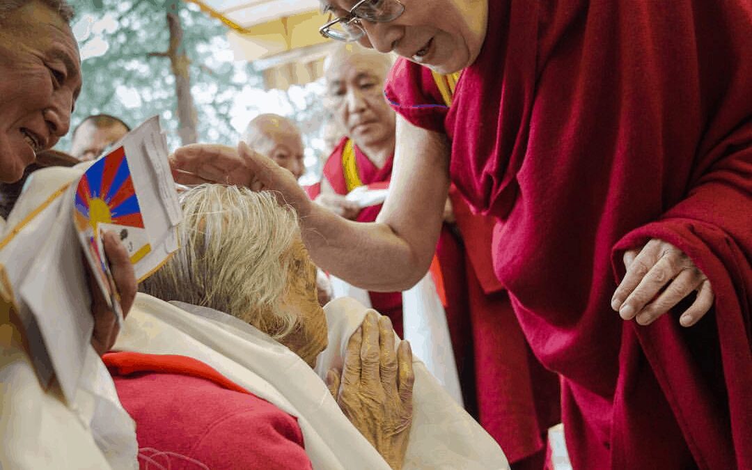 HHDL greeting a member of a group of elderly Tibetans all over the age of 90 during their meeting at his residence in Dharamsala, HP, India on February 4, 2019. Photo by Tenzin Choejor