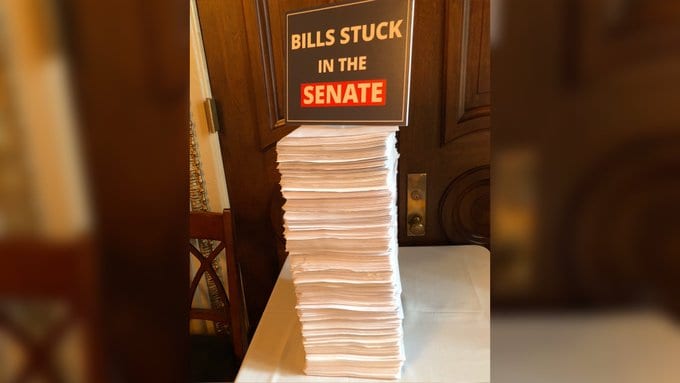 This is the pile of House-passed bills, 90% bipartisan, dead on Mitch McConnell’s desk in the Senate
