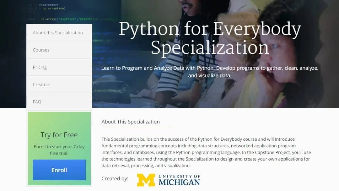 Python for Everybody Specialization, enroll for Free!