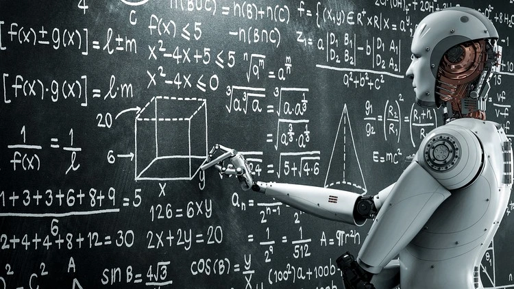 mathematics for machine learnign shows android at chalkboard solving math equation