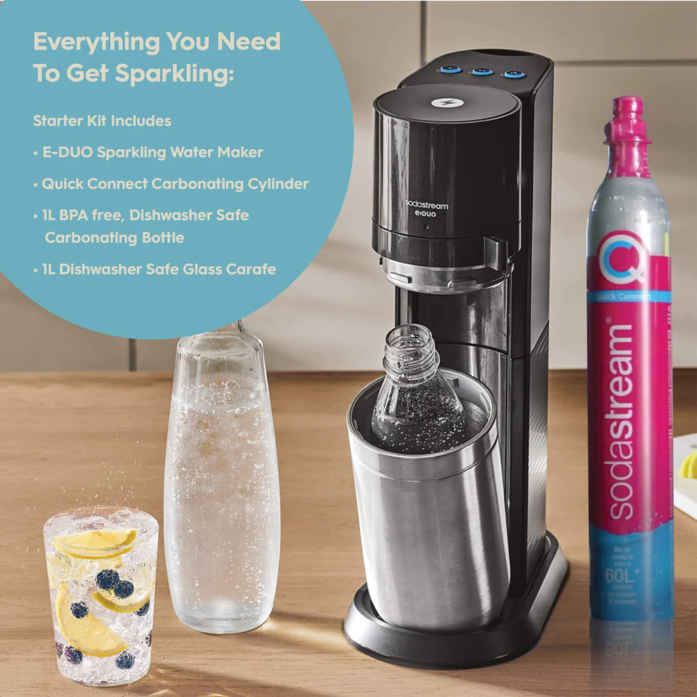 E-DUO<br />
Introducing SodaSream E-Duo™, an advanced sparkling water experience. The premium SodaSream E-Duo™ sparkling water maker offers consistency of carbonation with one simple touch. It comes with three preset levels of carbonation to choose from. For versatile carbonation it includes one glass carafe and one dishwasher safe & BPA-free carbonating bottle.