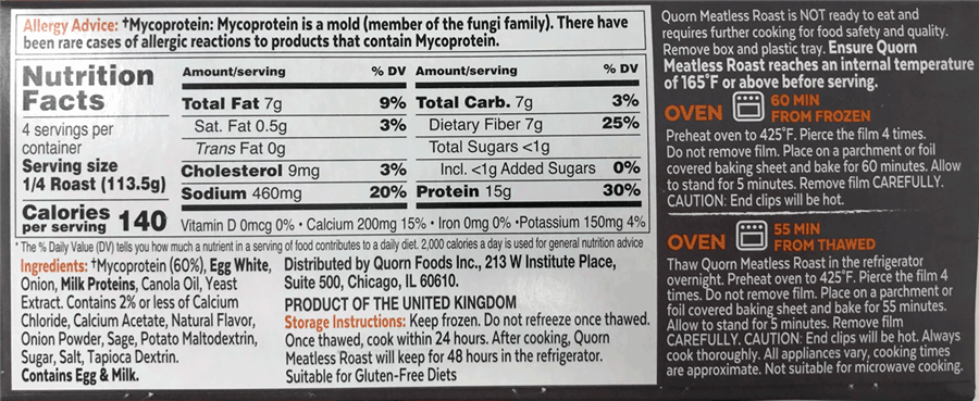 Quorn Meatless Roast Ingredient and Nutrition List