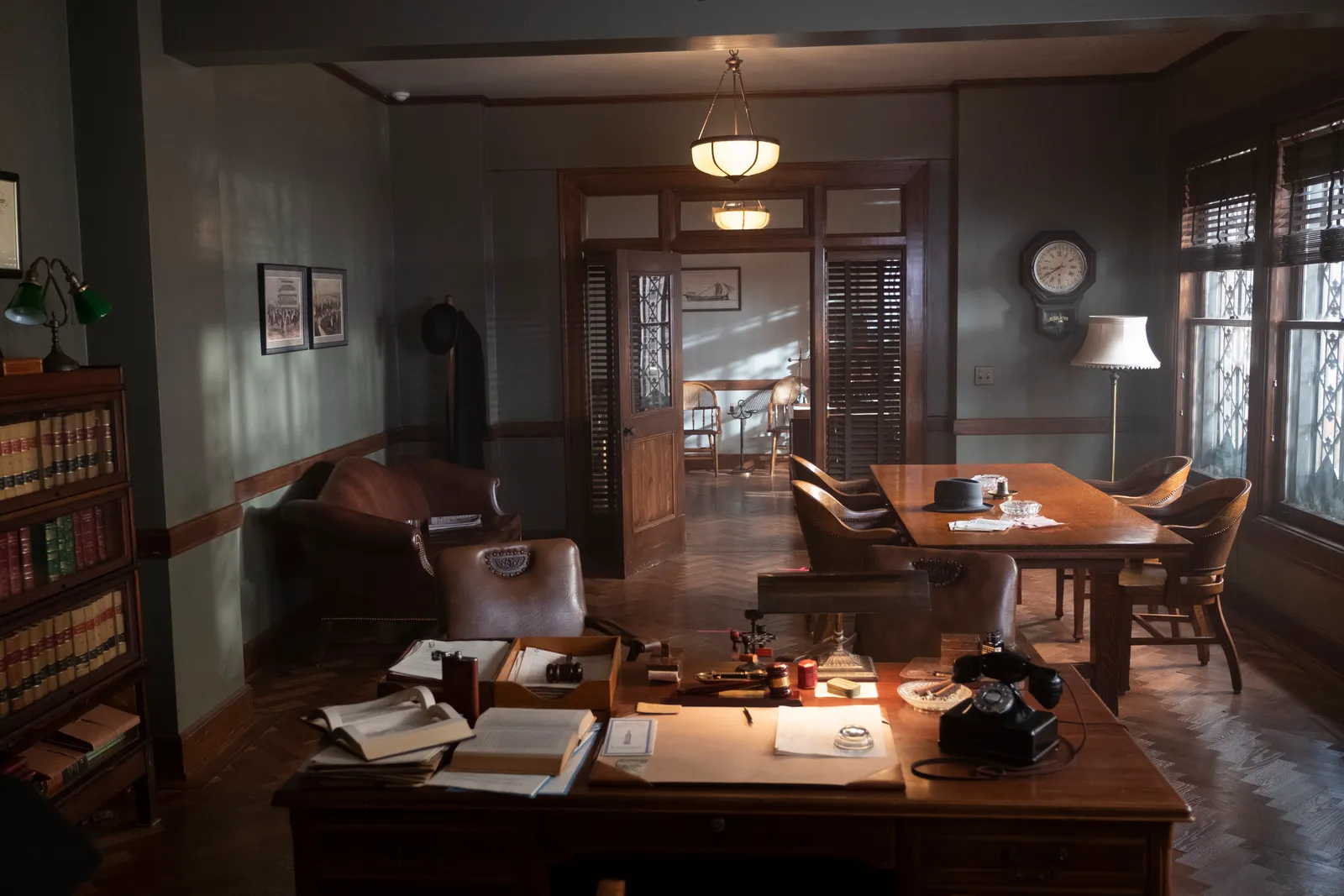 Attorney E.B. Jonathan’s office featured a bronze window grille, which connotes a feeling the character is trapped in a prison. Photo: Merrick Morton/HBO